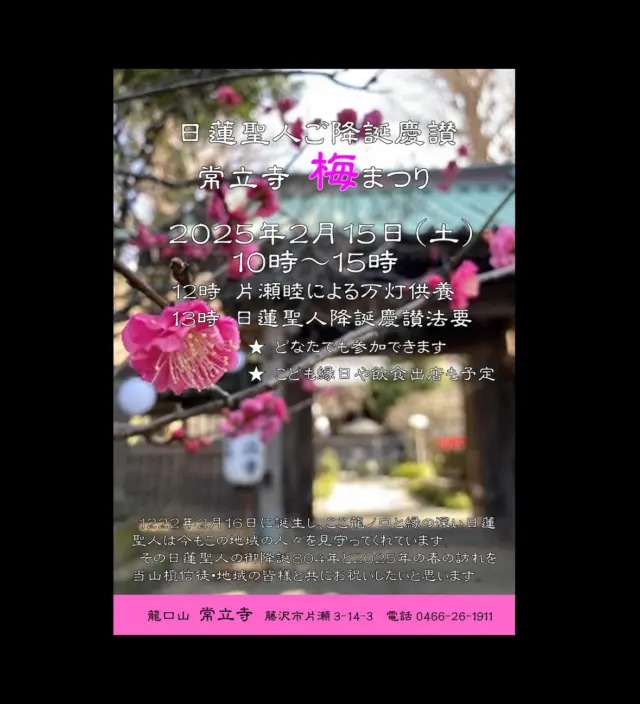 2月15日（土）10〜15時
日蓮聖人ご降誕慶讃
常立寺梅まつり

12時から万灯練供養
13時から日蓮聖人ご降誕804年報恩法要

境内には地元有志による
甘酒茶屋などの飲食店
射的やスーパーボールすくいなどの子ども縁日も！

来週末は紅白の枝垂れ梅が満開になると思います
是非お参りにいらしてください！

常立寺　服部

#常立寺
#湘南
#片瀬
#日蓮宗
#ご降誕会
#梅まつり
